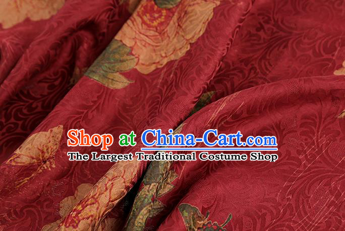 Chinese Traditional Red Brocade Drapery Cheongsam Gambiered Guangdong Gauze Classical Peony Pattern Silk Fabric