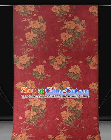 Chinese Traditional Red Brocade Drapery Cheongsam Gambiered Guangdong Gauze Classical Peony Pattern Silk Fabric