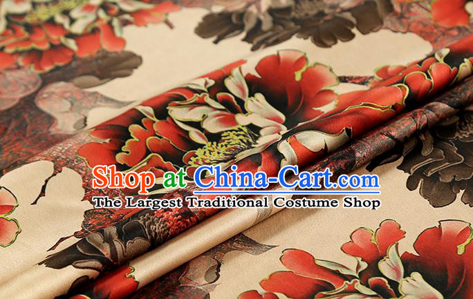 Chinese Traditional Ginger Brocade Drapery Cheongsam Gambiered Guangdong Gauze Classical Peony Pattern Silk Fabric