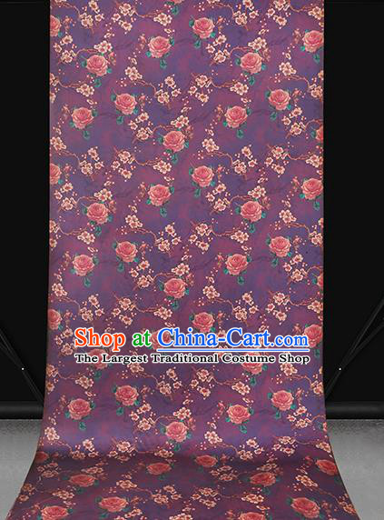 Chinese Traditional Purple Brocade Drapery Cheongsam Gambiered Guangdong Gauze Classical Plum Rose Pattern Silk Fabric