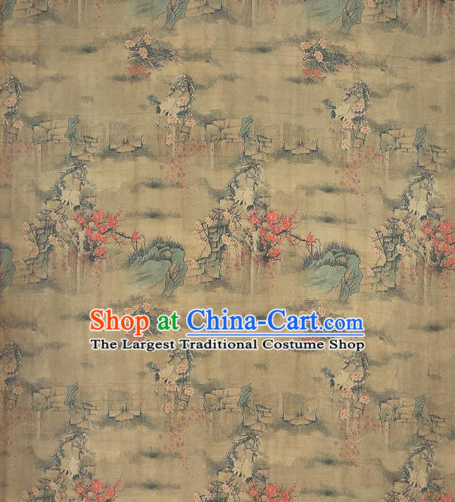 Chinese Cheongsam Silk Fabric Traditional Gambiered Guangdong Gauze Classical Crane Plum Pattern Ginger Brocade Drapery