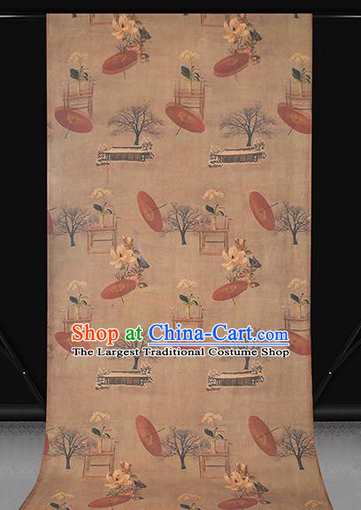 Chinese Traditional Gambiered Guangdong Gauze Classical Umbrella Pattern Brown Brocade Drapery Cheongsam Silk Fabric