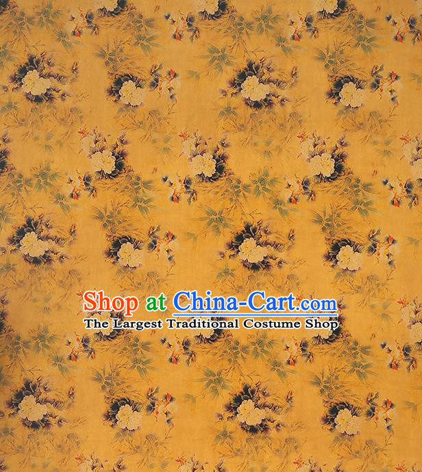 Chinese Cheongsam Silk Fabric Traditional Gambiered Guangdong Gauze Classical Peony Pattern Yellow Brocade Drapery