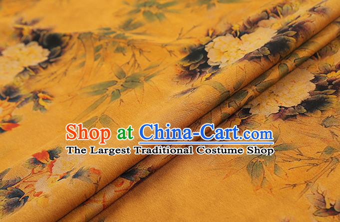 Chinese Cheongsam Silk Fabric Traditional Gambiered Guangdong Gauze Classical Peony Pattern Yellow Brocade Drapery