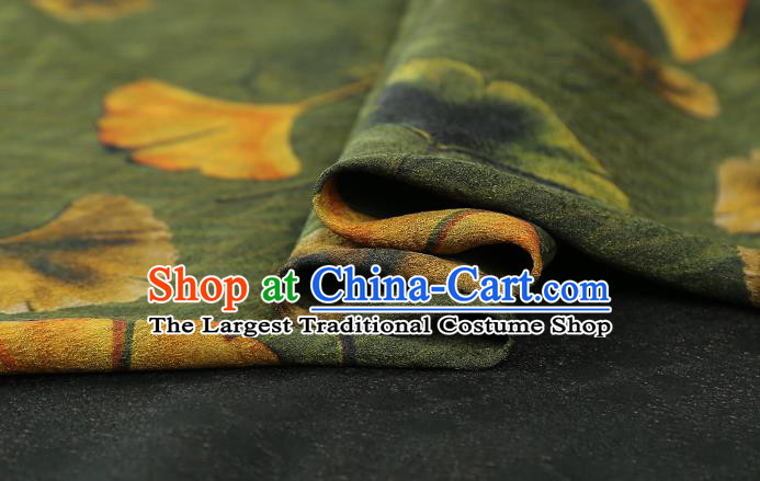 Chinese Cheongsam Olive Green Silk Fabric Traditional Gambiered Guangdong Gauze Classical Ginkgo Leaf Pattern Brocade Drapery