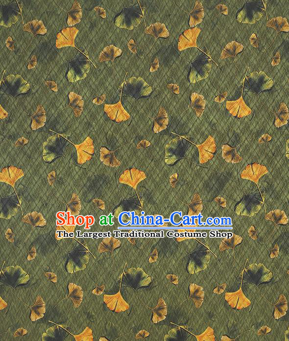 Chinese Cheongsam Olive Green Silk Fabric Traditional Gambiered Guangdong Gauze Classical Ginkgo Leaf Pattern Brocade Drapery