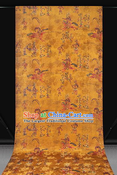 Chinese Traditional Yellow Gambiered Guangdong Gauze Classical Shadow Puppetry Pattern Brocade Drapery Cheongsam Silk Fabric