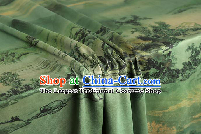 Chinese Classical Landscape Pattern Brocade Drapery Traditional Gambiered Guangdong Gauze Cheongsam Green Silk Fabric