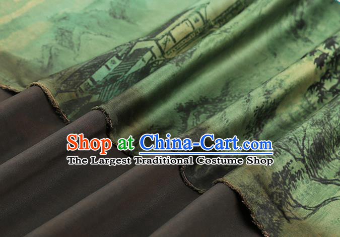 Chinese Classical Landscape Pattern Brocade Drapery Traditional Gambiered Guangdong Gauze Cheongsam Green Silk Fabric