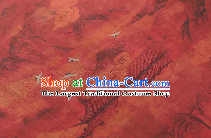 Chinese Classical Cloud Crane Pattern Brocade Drapery Cheongsam Red Silk Fabric Traditional Gambiered Guangdong Gauze