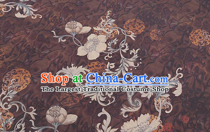 Chinese Silk Fabric Traditional Cheongsam Gambiered Guangdong Gauze Classical Flowers Pattern Brown Brocade Drapery