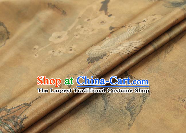 Chinese Ginger Silk Fabric Traditional Cheongsam Gambiered Guangdong Gauze Classical Crane Plum Pattern Brocade Drapery