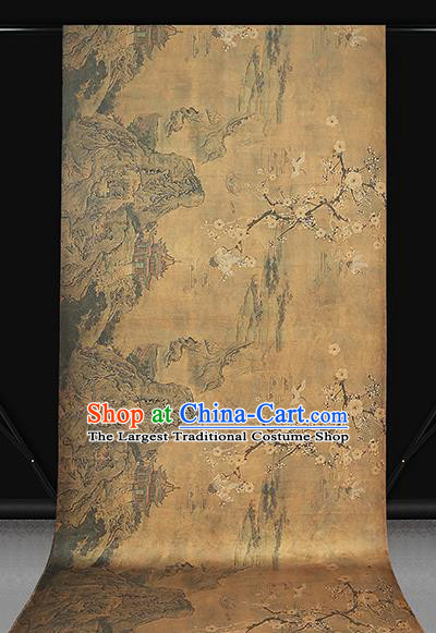 Chinese Ginger Silk Fabric Traditional Cheongsam Gambiered Guangdong Gauze Classical Crane Plum Pattern Brocade Drapery