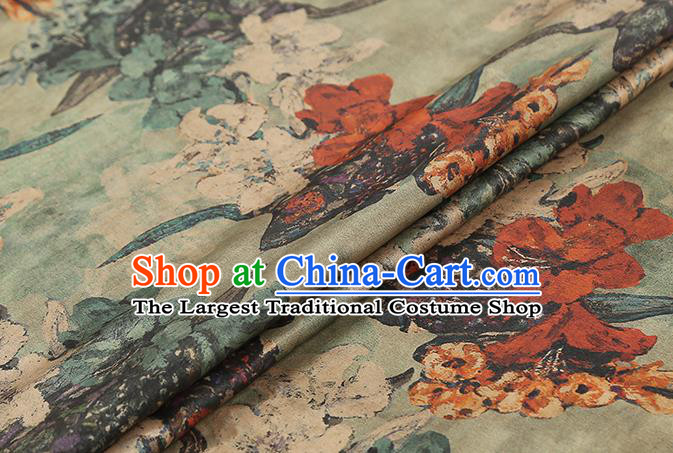 Chinese Light Green Brocade Fabric Traditional Cheongsam Gambiered Guangdong Gauze Classical Flowers Pattern Silk Drapery