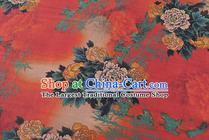 Chinese Classical Peony Bamboo Pattern Silk Drapery Traditional Cheongsam Brocade Fabric Red Gambiered Guangdong Gauze
