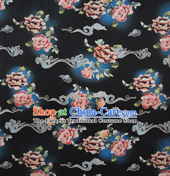 Chinese Silk Drapery Traditional Cheongsam Brocade Fabric Classical Peony Pattern Black Gambiered Guangdong Gauze