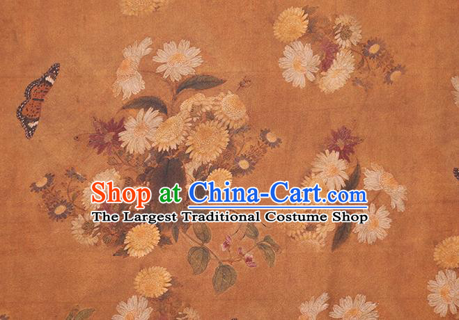 Chinese Classical Chrysanthemum Pattern Brown Silk Drapery Gambiered Guangdong Gauze Traditional Cheongsam Brocade Fabric