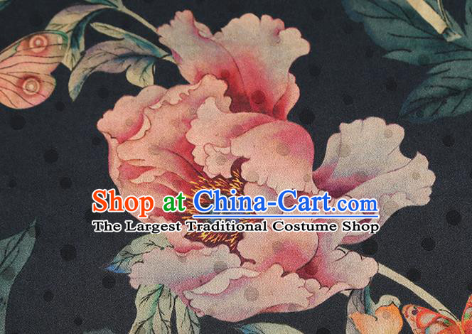 Chinese Traditional Peony Pattern Black Silk Drapery Classical Gambiered Guangdong Gauze Cheongsam Brocade Fabric