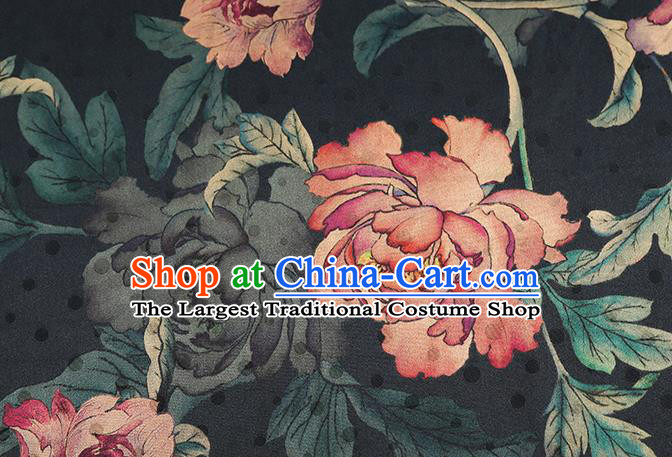Chinese Traditional Peony Pattern Black Silk Drapery Classical Gambiered Guangdong Gauze Cheongsam Brocade Fabric