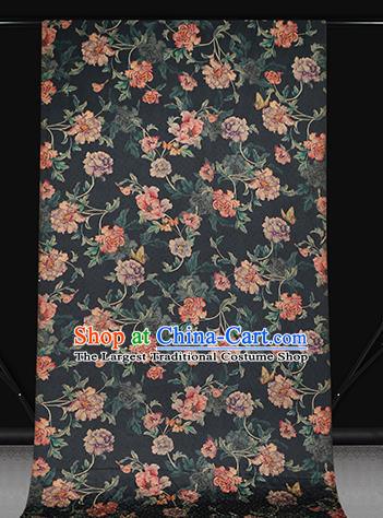 Chinese Traditional Peony Pattern Black Silk Drapery Classical Gambiered Guangdong Gauze Cheongsam Brocade Fabric