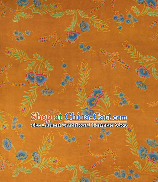 Chinese Traditional Feather Pattern Silk Drapery Cheongsam Orange Brocade Fabric Classical Gambiered Guangdong Gauze