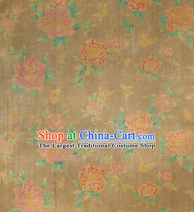 Chinese Cheongsam Brocade Fabric Traditional Peony Pattern Ginger Silk Drapery Classical Gambiered Guangdong Gauze