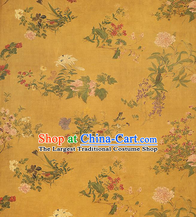 Chinese Classical Flowers Pattern Silk Drapery Traditional Golden Brocade Qipao Dress Satin Fabric