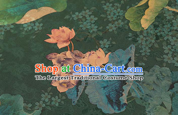 Chinese Classical Lotus Pattern Silk Drapery Qipao Dress Deep Green Satin Traditional Brocade Fabric