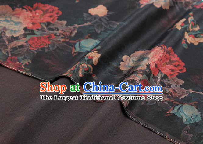 Chinese Traditional Black Brocade Fabric Classical Peony Pattern Silk Drapery Qipao Dress Gambiered Guangdong Gauze
