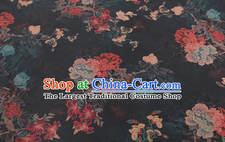 Chinese Traditional Black Brocade Fabric Classical Peony Pattern Silk Drapery Qipao Dress Gambiered Guangdong Gauze