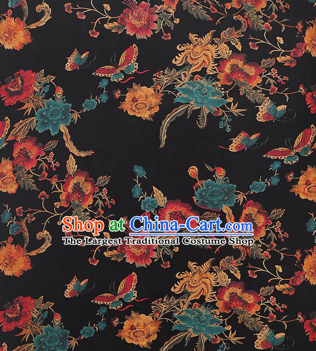 Chinese Classical Peony Butterfly Pattern Silk Drapery Qipao Dress Gambiered Guangdong Gauze Traditional Black Brocade Fabric