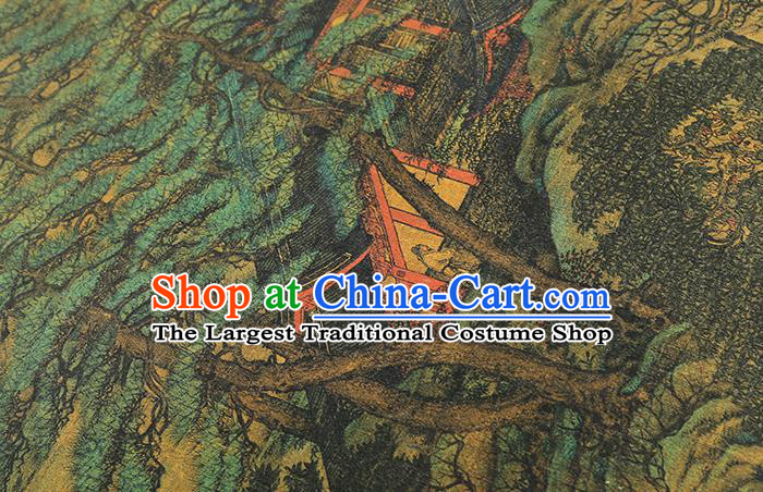 Chinese Satin Fabric Classical Landscape Pattern Yellow Silk Drapery Traditional Qipao Dress Brocade