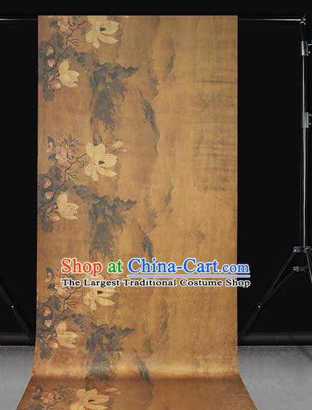 Chinese Ginger Satin Fabric Traditional Qipao Dress Brocade Classical Mangnolia Pattern Silk Drapery