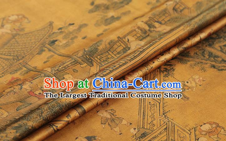 Chinese Classical Hundred Boys Pattern Silk Drapery Qipao Dress Satin Cloth Traditional Ginger Brocade Fabric