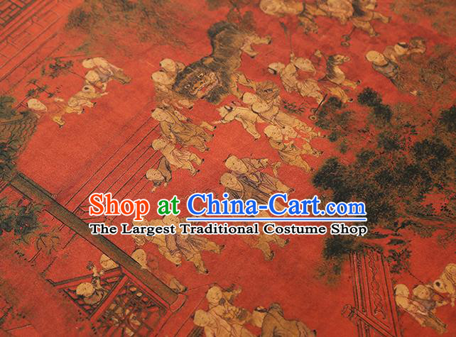 Chinese Qipao Dress Satin Cloth Traditional Red Brocade Fabric Classical Hundred Boys Pattern Silk Drapery