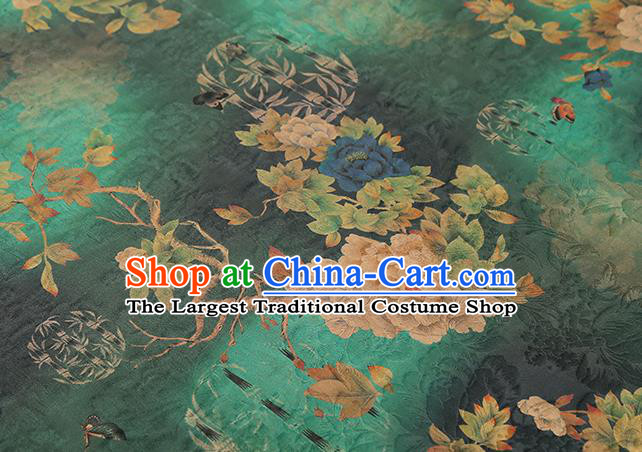 Chinese Classical Peony Pattern Green Silk Drapery Traditional Qipao Dress Gambiered Guangdong Gauze Fabric
