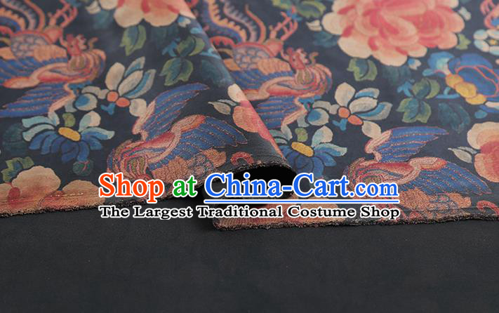 Chinese Traditional Qipao Dress Tapestry Fabric Classical Phoenix Peony Pattern Silk Drapery Navy Brocade