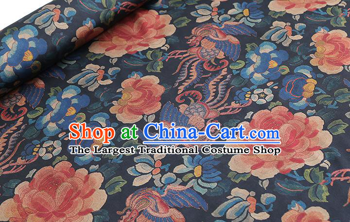 Chinese Traditional Qipao Dress Tapestry Fabric Classical Phoenix Peony Pattern Silk Drapery Navy Brocade
