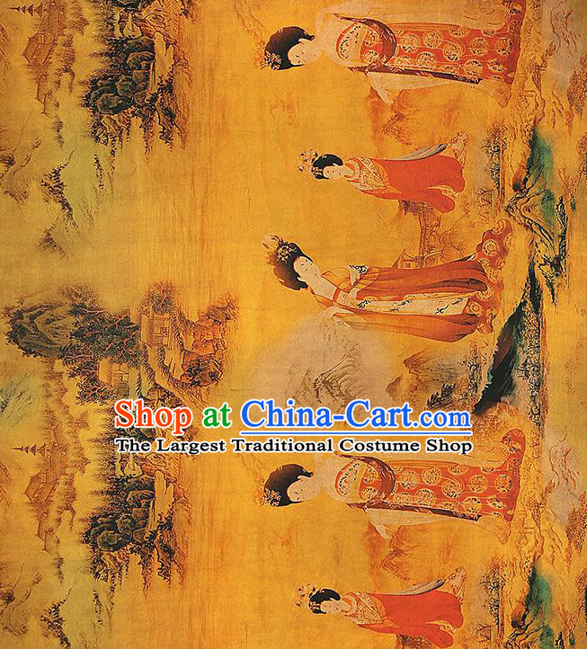 Chinese Classical Palace Beauty Pattern Silk Drapery Traditional Yellow Gambiered Guangdong Gauze Qipao Dress Fabric