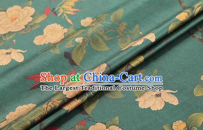 Chinese Gambiered Guangdong Gauze Qipao Dress Brocade Fabric Traditional Classical Camellia Pattern Green Silk Drapery