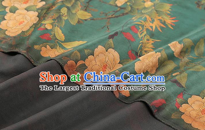 Chinese Gambiered Guangdong Gauze Qipao Dress Brocade Fabric Traditional Classical Camellia Pattern Green Silk Drapery