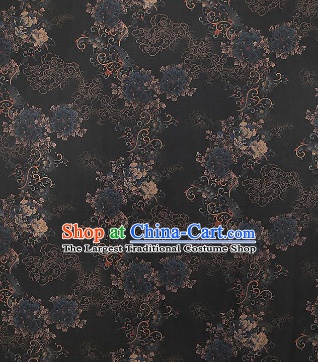 Chinese Classical Peony Pattern Silk Drapery Traditional Qipao Dress Black Gambiered Guangdong Gauze Fabric