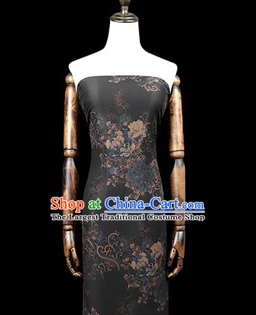 Chinese Classical Peony Pattern Silk Drapery Traditional Qipao Dress Black Gambiered Guangdong Gauze Fabric