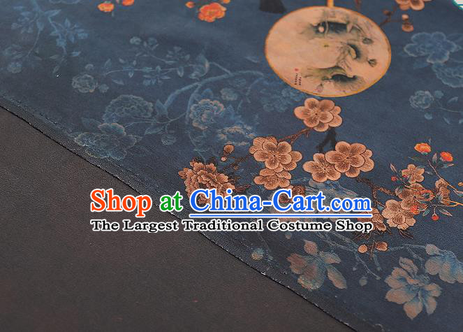 Chinese Classical Plum Blossom Fan Pattern Silk Fabric Navy Gambiered Guangdong Gauze Traditional Qipao Dress Brocade Cloth