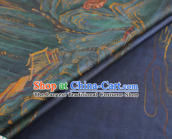 Chinese Traditional Blue Gambiered Guangdong Gauze Qipao Dress Cloth Classical Landscape Pattern Silk Fabric