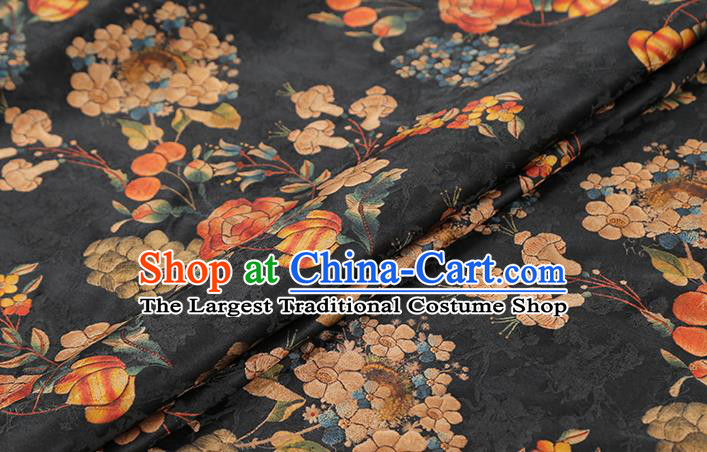 Chinese Classical Dahlia Pattern Silk Drapery Black Gambiered Guangdong Gauze Traditional Qipao Dress Fabric