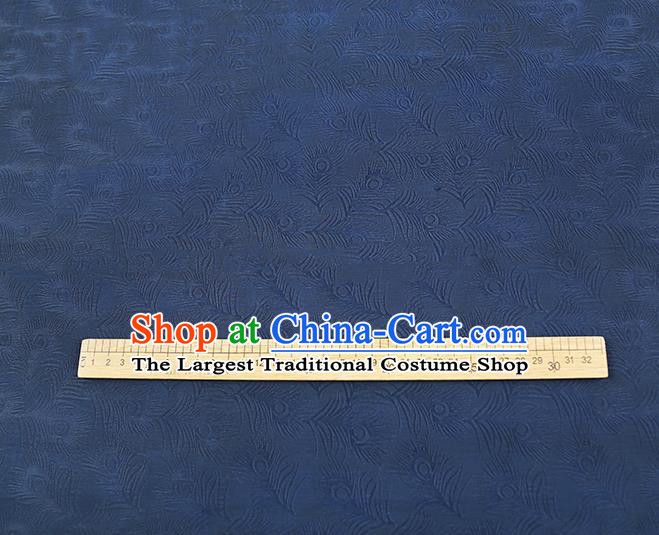 Chinese Qipao Dress Jacquard Navy Blue Satin Cloth Classical Feather Pattern Silk Fabric Traditional Gambiered Guangdong Gauze