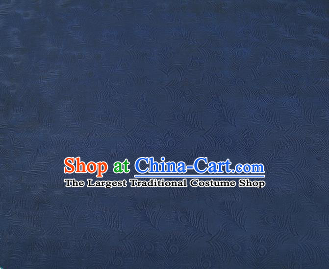 Chinese Qipao Dress Jacquard Navy Blue Satin Cloth Classical Feather Pattern Silk Fabric Traditional Gambiered Guangdong Gauze