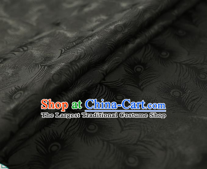 Chinese Qipao Dress Jacquard Black Satin Cloth Traditional Gambiered Guangdong Gauze Classical Feather Pattern Silk Fabric