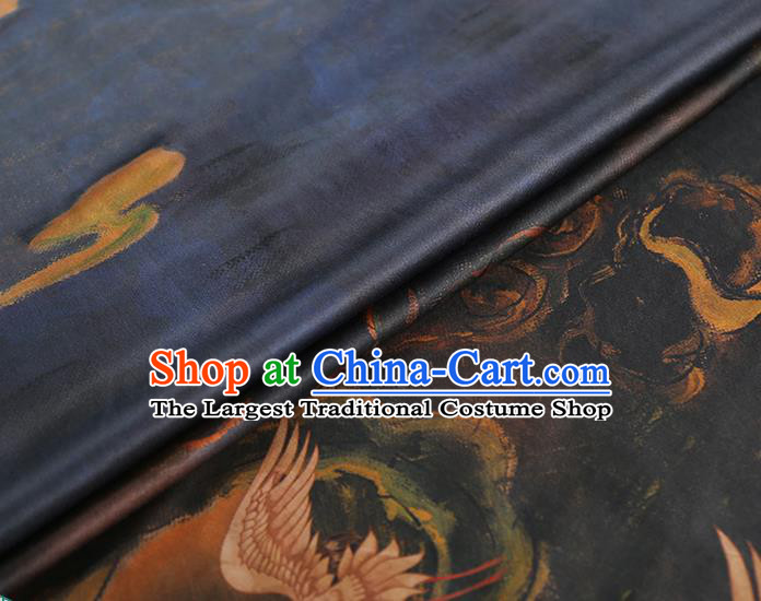Chinese Traditional Navy Brocade Cloth Qipao Dress Gambiered Guangdong Gauze Classical Cranes Pattern Silk Fabric